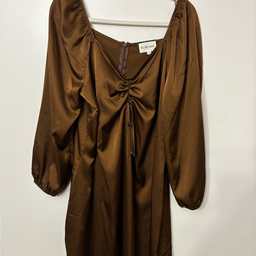 Olive & Oak Brown Long Sleeve Satin Dress